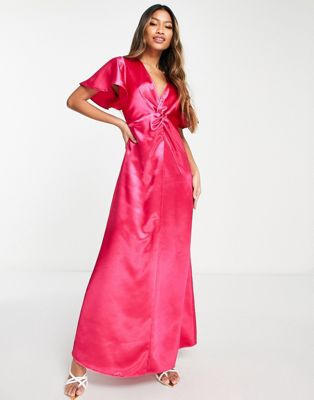 Vila Bridesmaid satin flutter sleeve maxi dress in pink - ASOS Price Checker