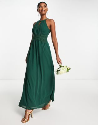 Vila - Bridesmaid - Maxi-Brautjungfernkleid in Piniengrün mit Neckholder-Träger