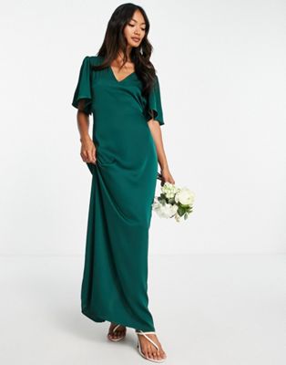 Vila Bridesmaid maxi dress with flutter sleeves and tie waist in deep green