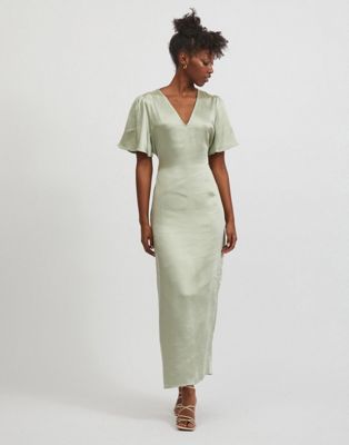 Vila Bridesmaid maxi dress with flutter sleeves and tie waist in green satin