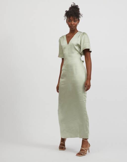 Vila Bridesmaid maxi dress with flutter sleeves and tie waist in green satin, 2 of 4