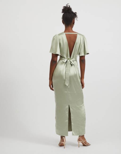 Vila Bridesmaid maxi dress with flutter sleeves and tie waist in green satin, 3 of 4