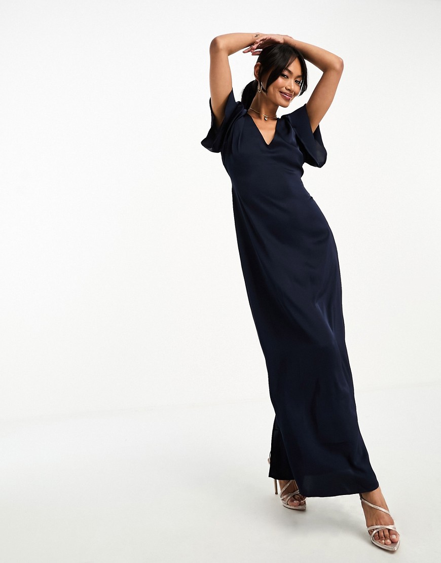 Vila Bridesmaid maxi dress with flutter sleeves and tie waist in navy