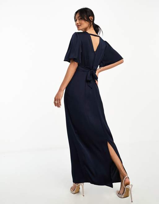 Vila Bridesmaid maxi dress with flutter sleeves and tie waist in navy, 3 of 4
