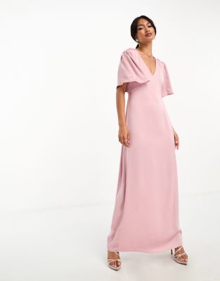 Vila Bridesmaid Maxi Dress With Flutter Sleeves And Tie Waist In Purple