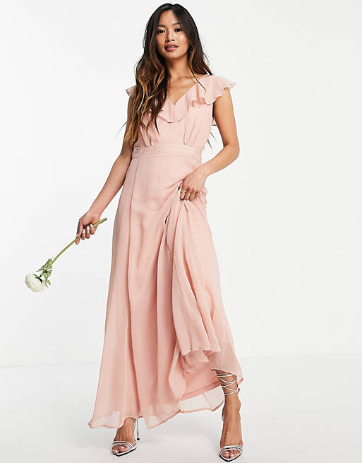 Vila Bridesmaid maxi dress with frill detail in pink