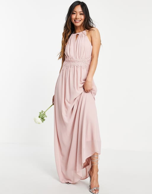 Pink halter 2024 neck bridesmaid dress