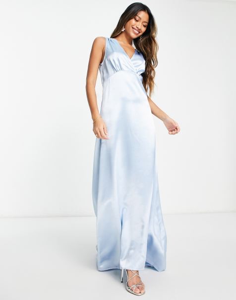 Vila – Bridesmaid – Maxikleid aus Satin in Pastellblau mit V-Ausschnitt und Schleppe - view 1