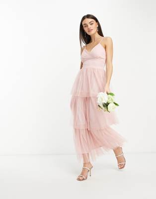 Vila - Bridesmaid - Maxikleid aus Tüll in Rosa mit gestuftem Rock