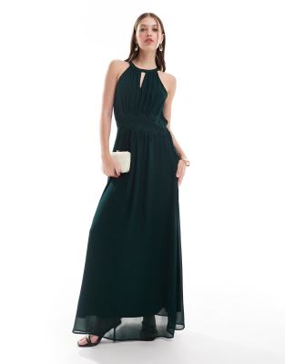 Vila - Bridesmaid - Maxikleid in Dunkelgrün mit Neckholder-Träger