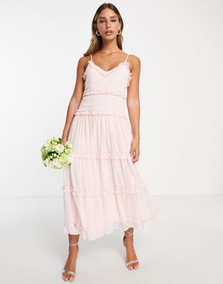 Vila Bridesmaid Midi Cami Dress With Frill Detail In Textured Pink