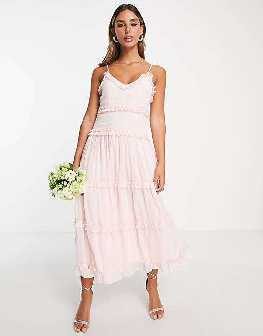 Vila Bridesmaid midi cami dress with frill detail in textured pink