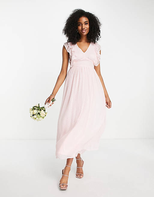 Vila Bridesmaid midi dress with frill detail in textured dobby pink - BPINK
