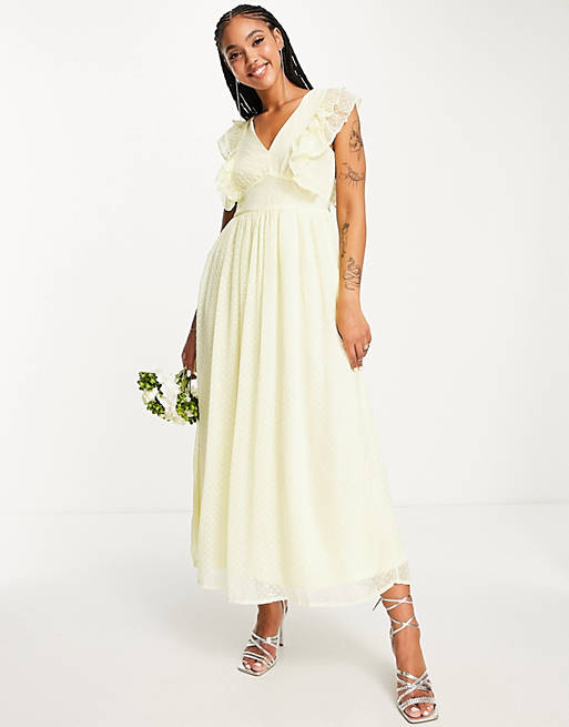 Vila Bridesmaid midi dress with frill detail in textured dobby yellow - YELLOW