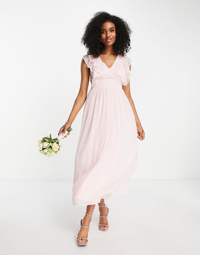Vila Bridesmaid midi dress with frill detail in textured pink - BPINK