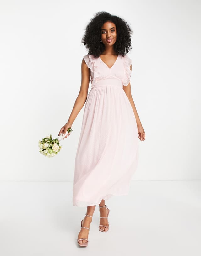 Vila Bridesmaid midi dress with frill detail in textured pink - BPINK