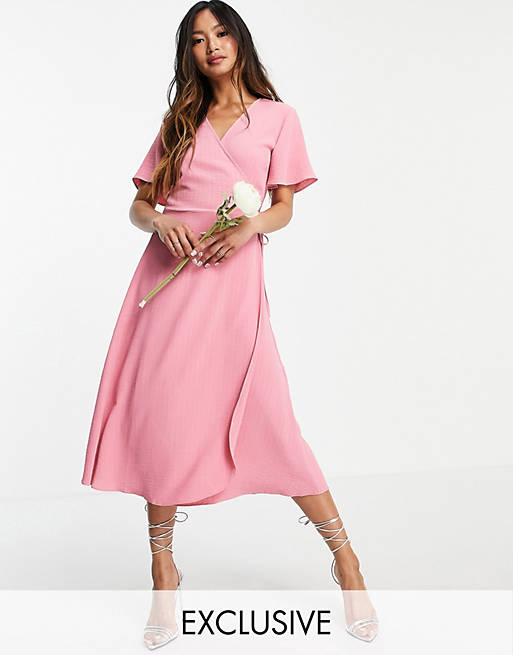 Vila Bridesmaid midi short sleeve wrap dress in pink | ASOS