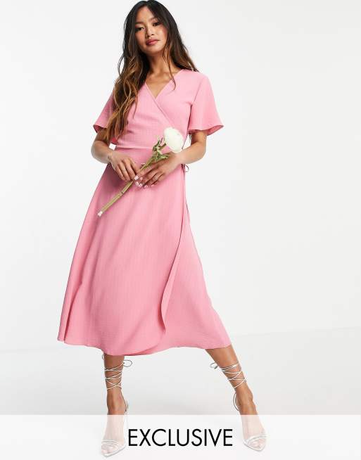 Vila Bridesmaid midi short sleeve wrap dress in pink