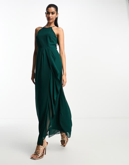 Vila – Bridesmaid – Neckholder-Maxikleid in Dunkelgrün mit Cut-out am Rücken