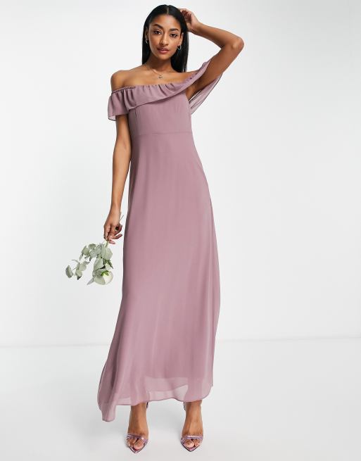 Vila bridesmaid off shoulder maxi dress Bershka in purple