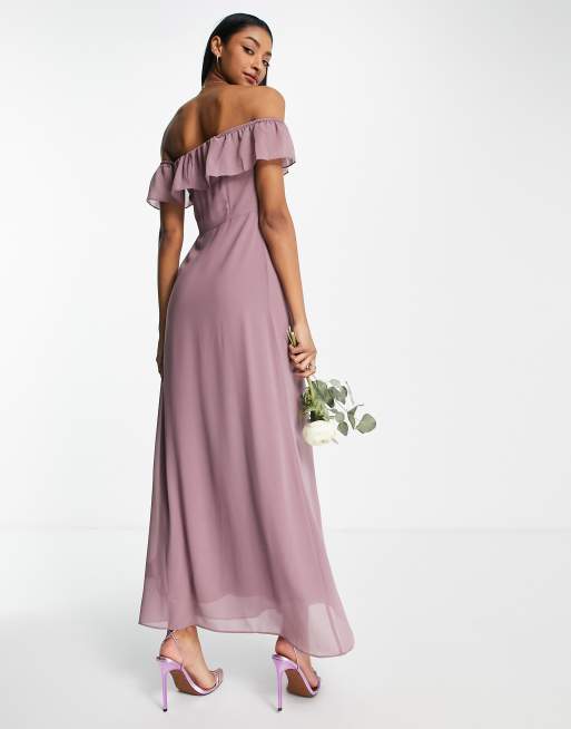 Vila bridesmaid off shoulder maxi dress in purple