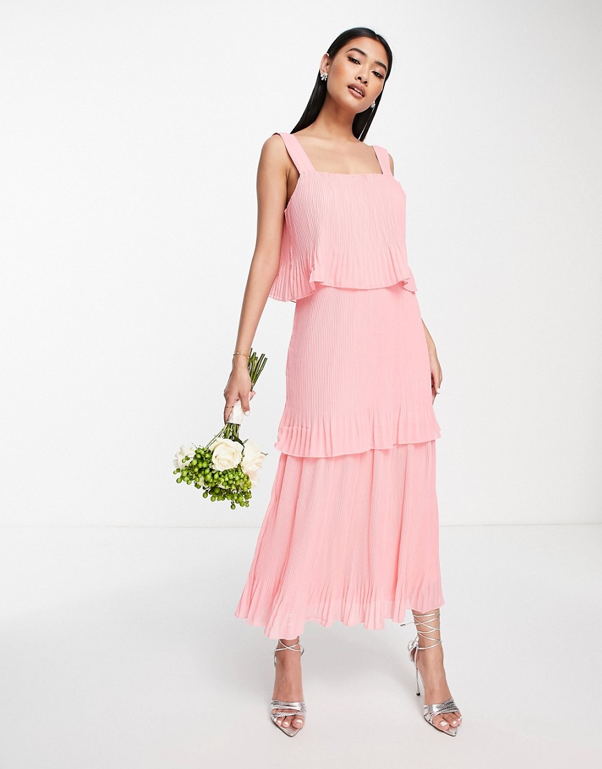 Vila Bridesmaid recycled blend plisse midi dress with tiering in coral pink-Orange
