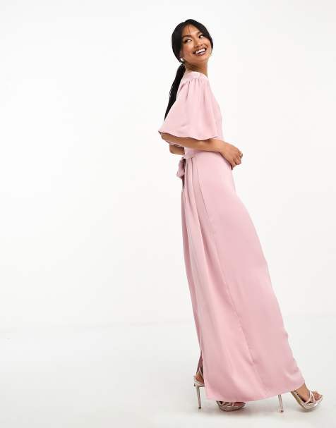 Vila Bridesmaid maxi dress with flutter sleeves and tie waist in pink