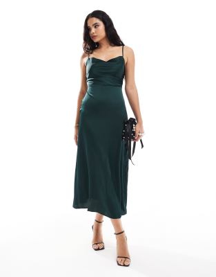 Vila Vila Bridesmaid satin cowl neck cami maxi dress in dark green