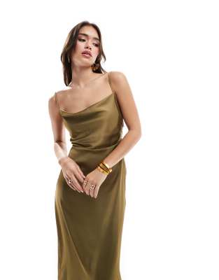 Vila Bridesmaid satin cowl neck cami maxi dress in olive green | ASOS