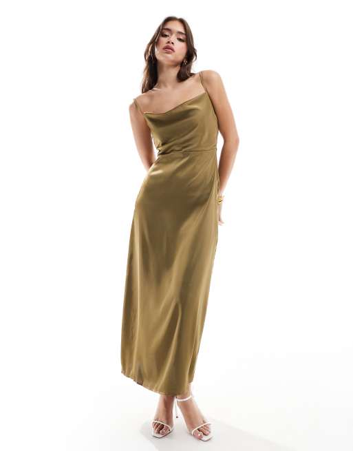Vila Bridesmaid satin cowl neck cami maxi dress in olive green, 2 of 4