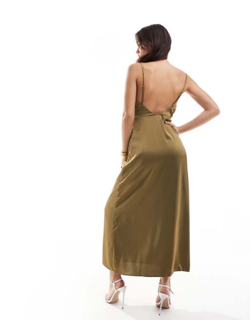 Vila Bridesmaid satin cowl neck cami maxi dress in olive green, 3 of 4