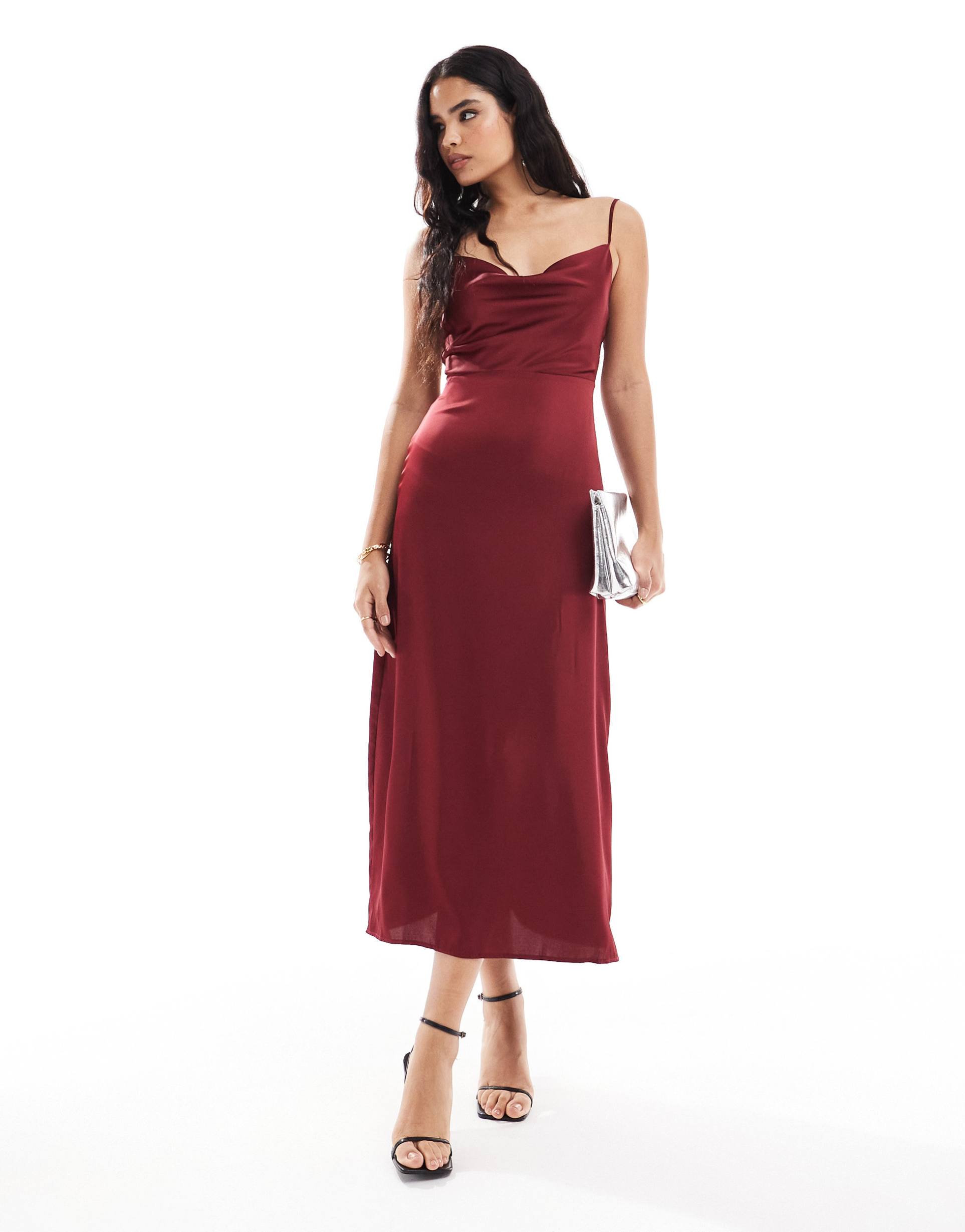 vila bridesmaid satin cowl neck cami maxi dress in red