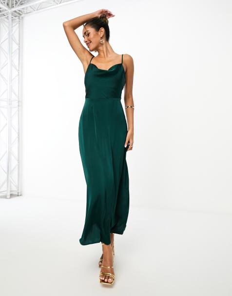 Vila Bridesmaid satin cowl neck maxi dress in dark green - view 1
