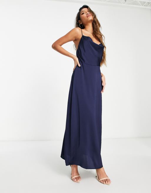 Vila Bridesmaid satin cowl neck maxi dress in navy blue ASOS