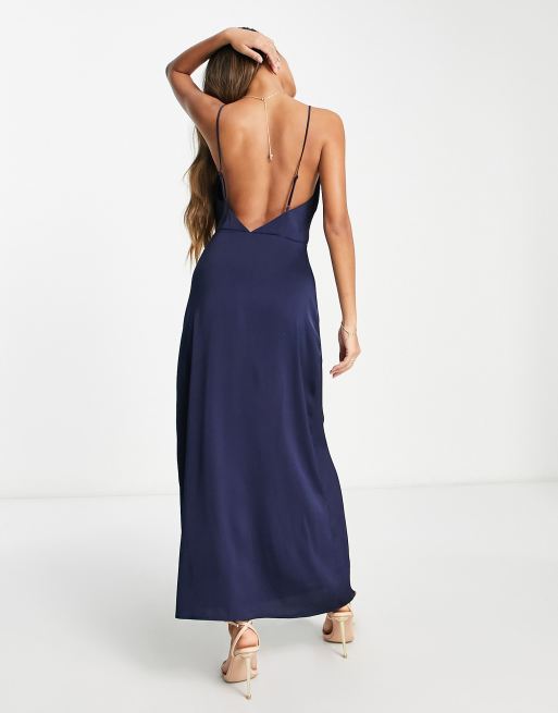 Vila Bridesmaid satin cowl neck maxi dress in navy blue