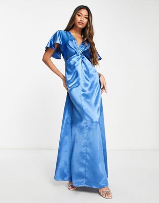 Vila Bridesmaid satin flutter sleeve maxi dress in blue