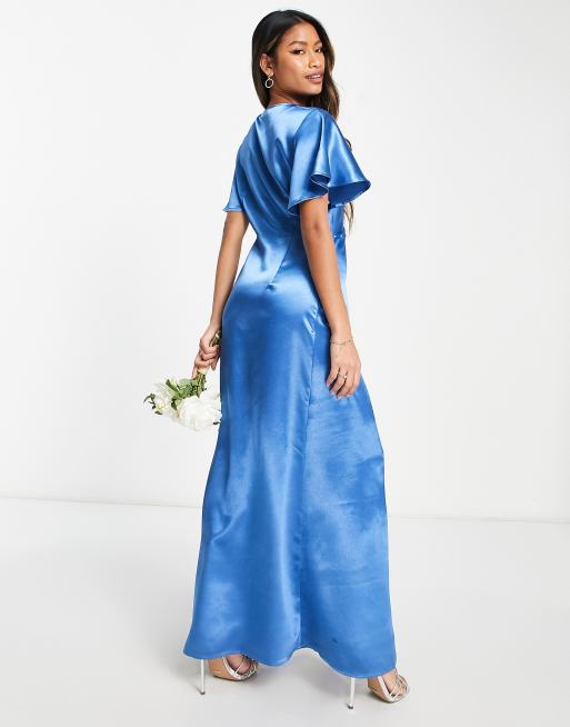 Vila Bridesmaid satin flutter sleeve maxi dress in blue レディース-