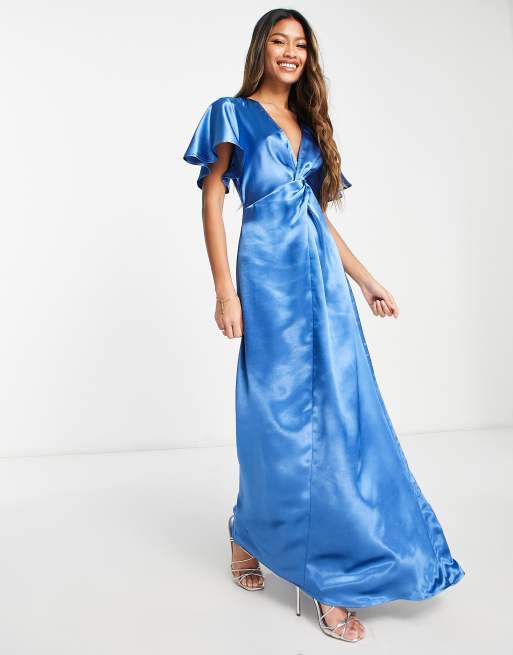 Vila Bridesmaid satin flutter sleeve maxi dress in blue