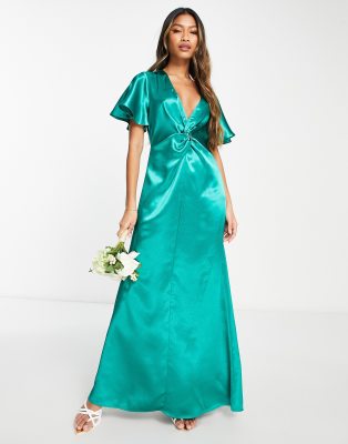 Bridesmaid satin flutter sleeve maxi dress in emerald green