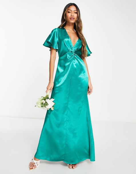 Vila Bridesmaid satin flutter sleeve maxi dress in emerald green - view 1