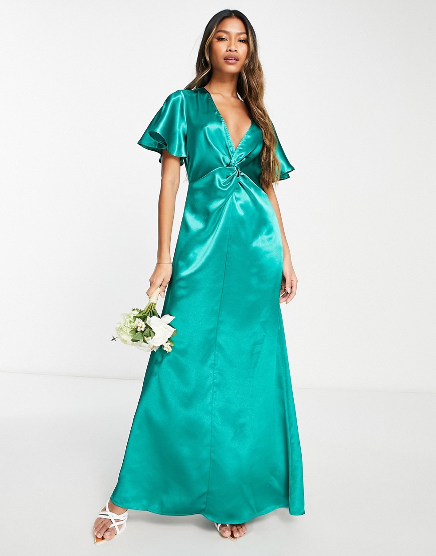 Vila Bridesmaid satin flutter sleeve maxi dress in emerald green