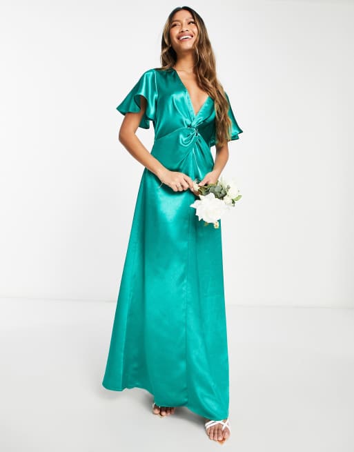 Vila Bridesmaid satin flutter sleeve maxi dress in emerald green