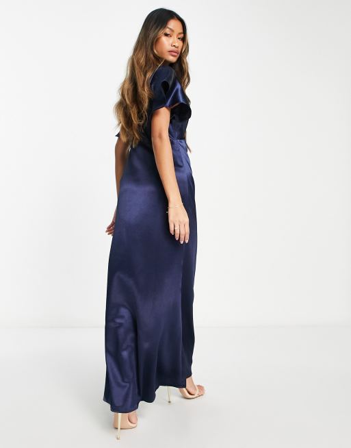 Vila Bridesmaid satin flutter sleeve maxi dress in navy