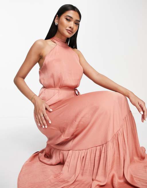 Vila Bridesmaid satin halterneck dress with tie waist in coral pink