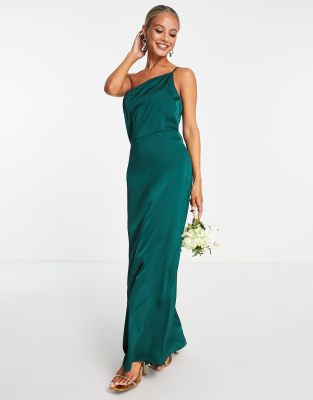 Vila - Bridesmaid - Satin-Maxikleid in Dunkelgrün mit schmalem One-Shoulder-Träger