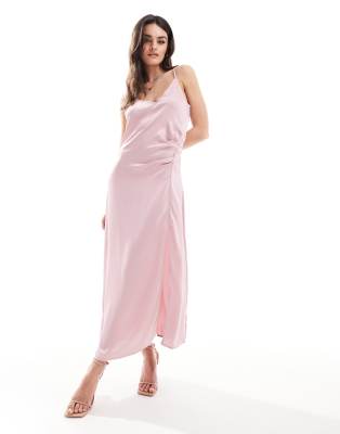 Bridesmaid satin ruched side maxi dress in light pink