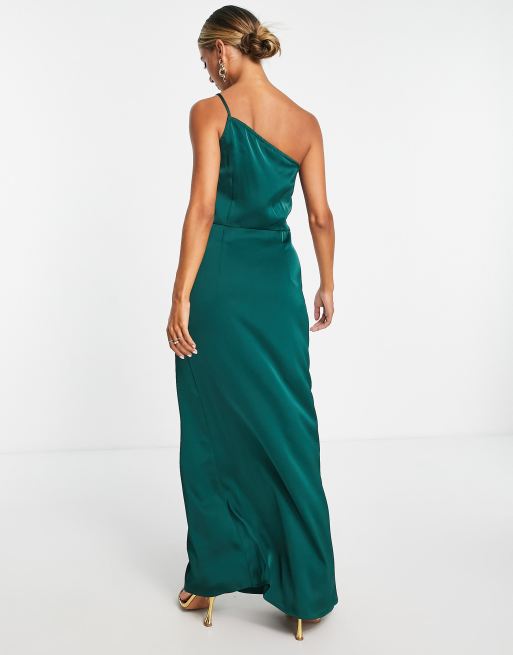 Vila Bridesmaid satin strappy one shoulder maxi dress in deep green ASOS