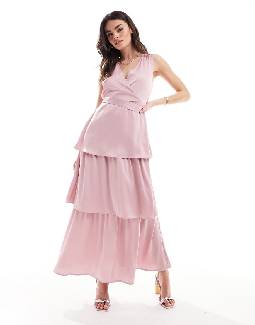 Vila Bridesmaid Satin Tiered Maxi Dress With Tie Belt In Light Pink