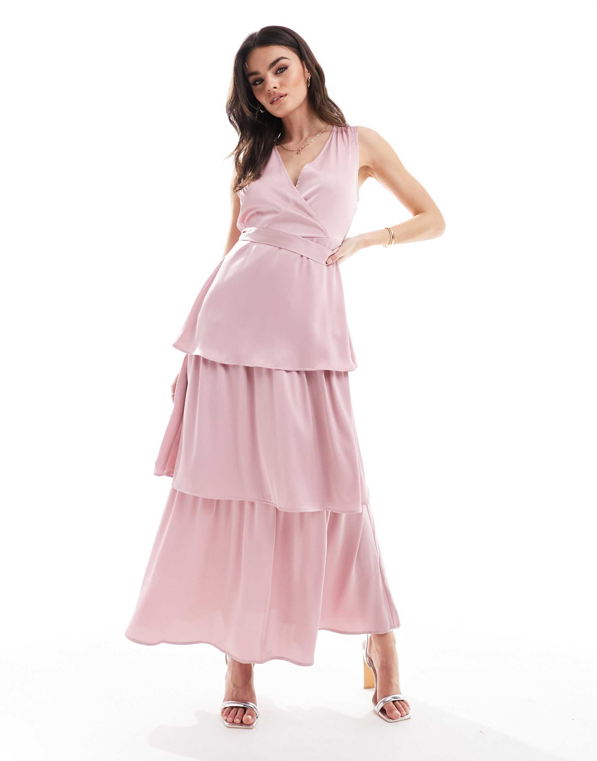 vila bridesmaid satin tiered maxi dress with tie belt in light pink