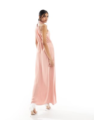 Vila Bridesmaid satin twist halterneck maxi dress in rose pink ASOS